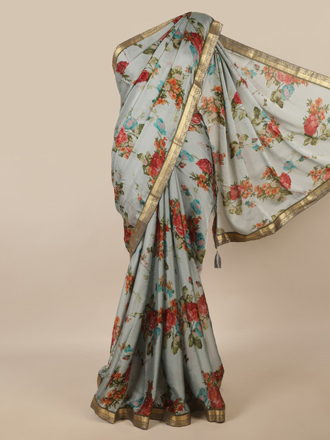 

Pothys Grey & Red Floral Printed Zari Saree