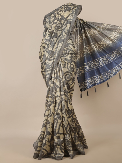 

Pothys Cream-Coloured & Grey Floral Saree