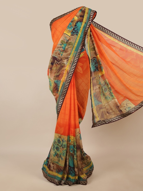 

Pothys Orange & Blue Floral Patchwork Saree