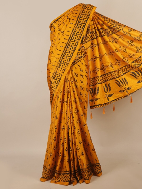 

Pothys Mustard & Black Ethnic Motifs Printed Saree