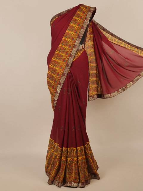 

Pothys Maroon & Yellow Floral Patchwork Saree
