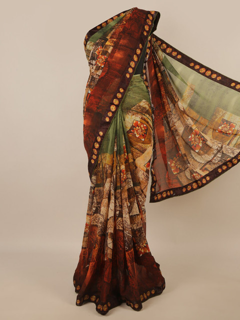 

Pothys Brown & Green Ethnic Motifs Patchwork Saree