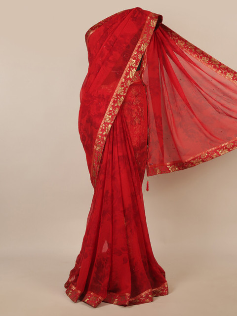 

Pothys Maroon & Gold-Toned Floral Printed Zari Saree