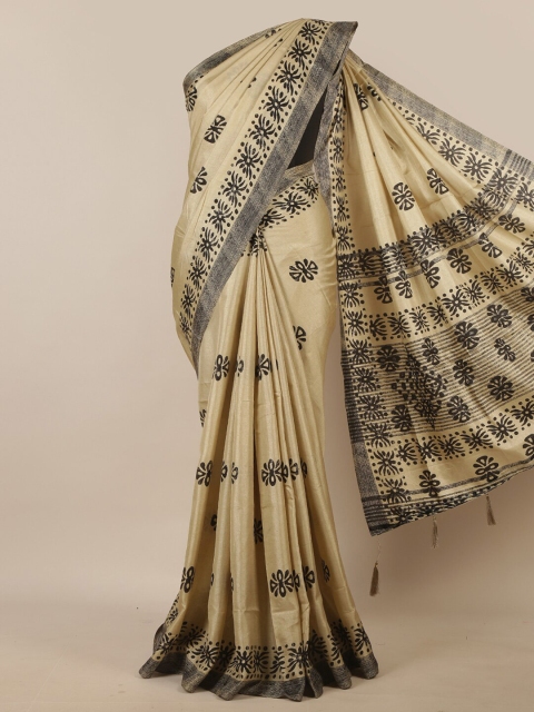 

Pothys Cream-Coloured & Black Floral Printed Saree