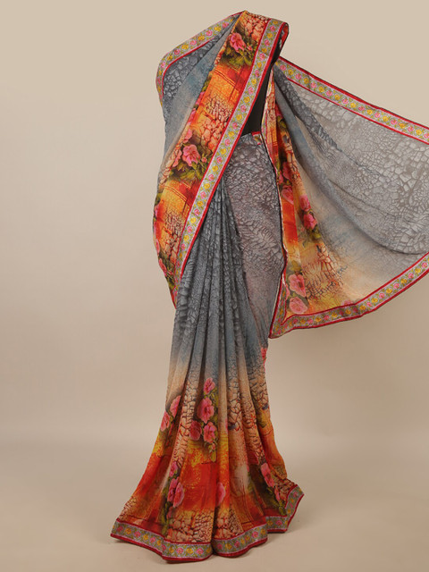 

Pothys Grey & Yellow Floral Patchwork Saree