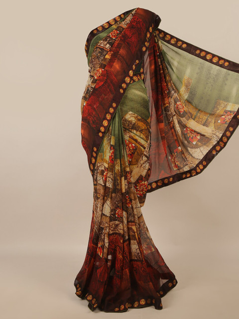 

Pothys Green & Black Floral Patchwork Saree