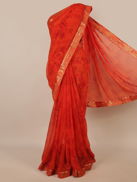 

Pothys Orange & Gold-Toned Floral Printed Saree