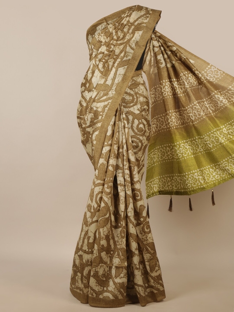 

Pothys Cream-Coloured & Khaki Floral Saree