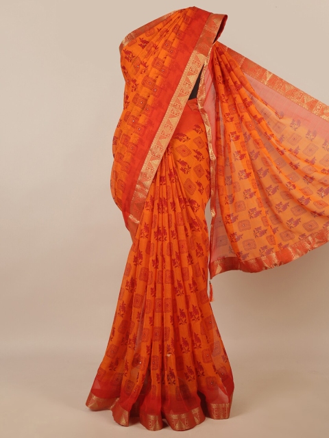 

Pothys Orange Floral Printed & Embellished Poly Chiffon Saree