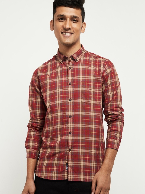 

max Men Maroon & Beige Opaque Tartan Checked Pure Cotton Casual Shirt