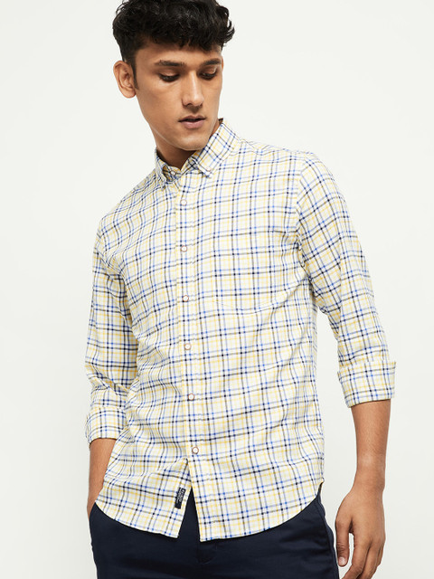 

max Men Yellow Tartan Checks Opaque Checked Casual Shirt