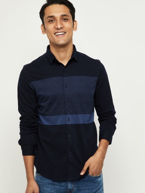 

max Men Navy Blue Horizontal Stripes Opaque Striped Casual Shirt
