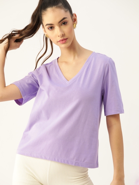 

DressBerry Women Lavender Solid V-Neck T-shirt