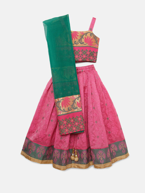 

SALWAR STUDIO Girls Pink & Green Banarasi Ready to Wear Lehenga & Blouse With Dupatta