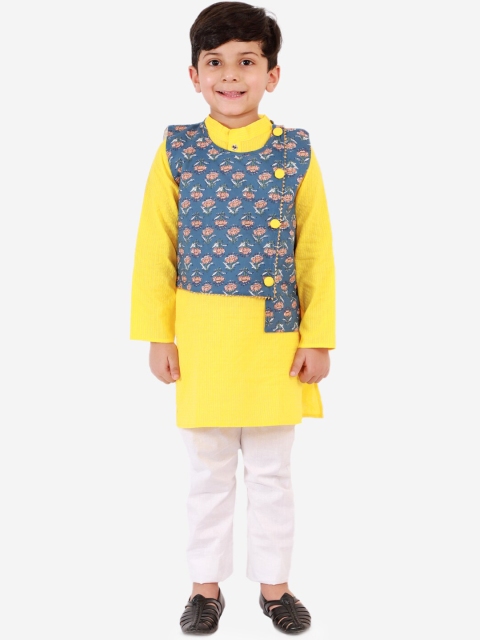 

KID1 Boys Blue & Yellow Floral Pure Cotton Kurta with Pyjamas & Nehru Jacket