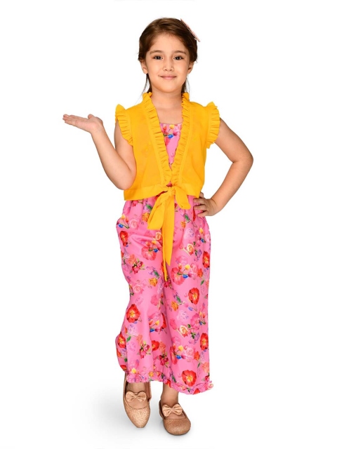 

LilPicks Girls Yellow & Pink Printed Basic Jumpsuit with Georgette Jacket Set