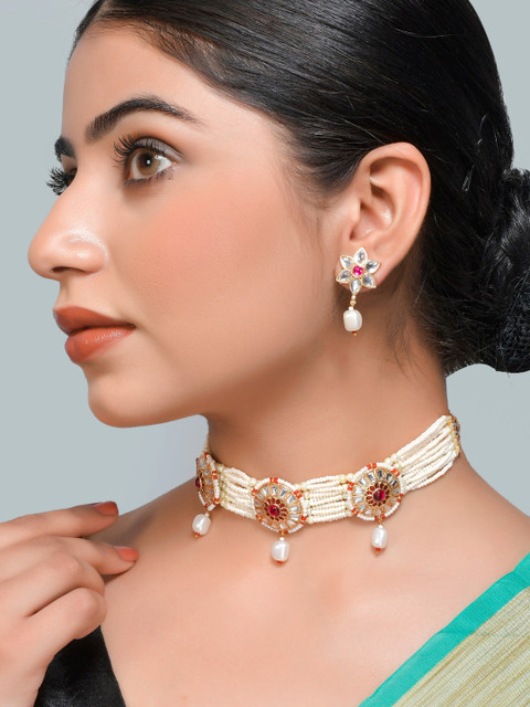 

Silvermerc Designs White & Gold-Toned & Plated Beaded Choker Jewellery Set