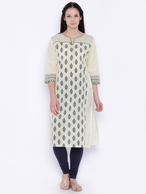 

Soch Outlet Women Cream-Colured & Navy Printed A-Line Kurta