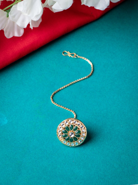 

MORKANTH JEWELLERY Gold-Plated Green & White Kundan-Studded Borla Maang Tikka