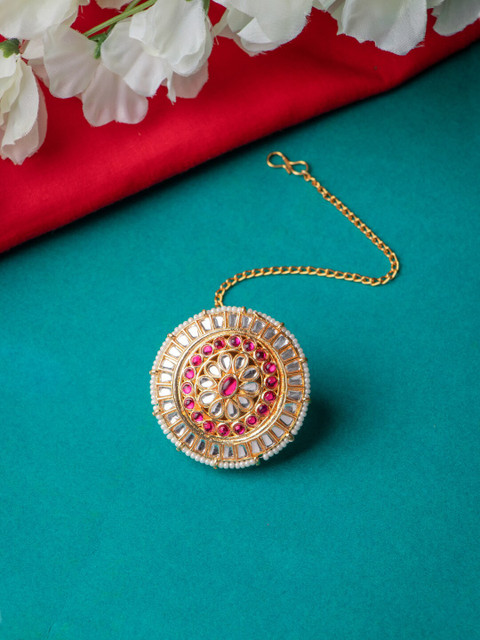 

MORKANTH JEWELLERY Gold-Plated White & Pink Kundan-Studded & Pearl-Beaded Borla Maang Tika