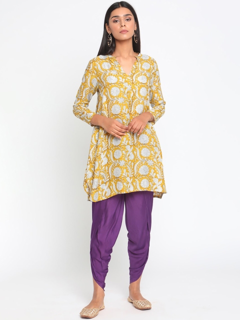 

trueBrowns Women Yellow Floral Printed Regular Kurti with Dhoti Pants