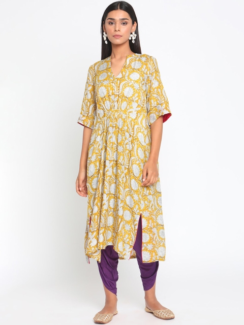 

trueBrowns Women Yellow Floral Printed Pleated Kurti with Dhoti Pants