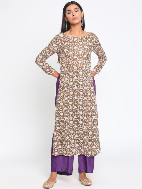 

trueBrowns Women Olive Green Floral Printed High Slit Kurta with Palazzos