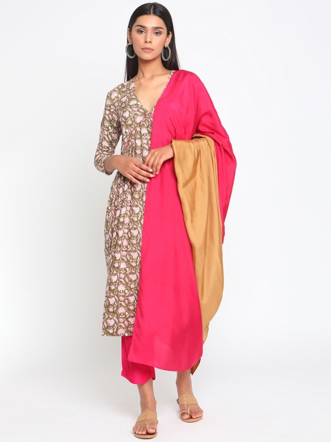 

trueBrowns Women Olive Green & Pink Floral Printed Kurta with Trousers & Dupatta