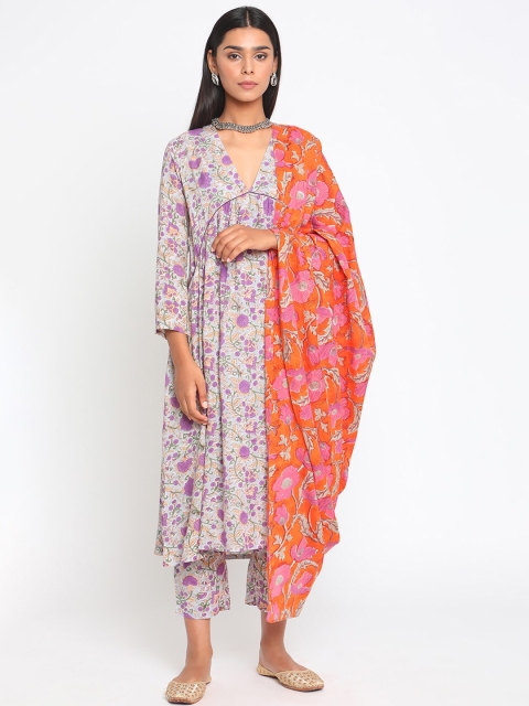 

trueBrowns Women Purple Floral Printed Pleated Kurta with Trousers & Dupatta