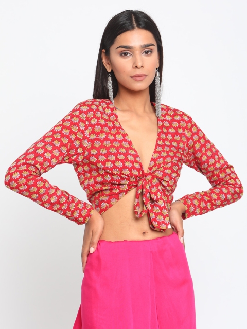 

trueBrowns Women Red & Beige Printed Muslin Silk Saree Blouse