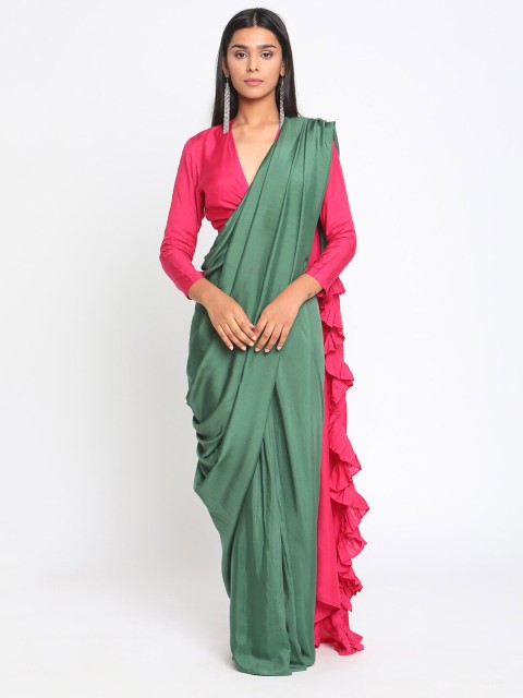 

trueBrowns Green & Pink Silk Blend Ruffled Ready Pleated Saree