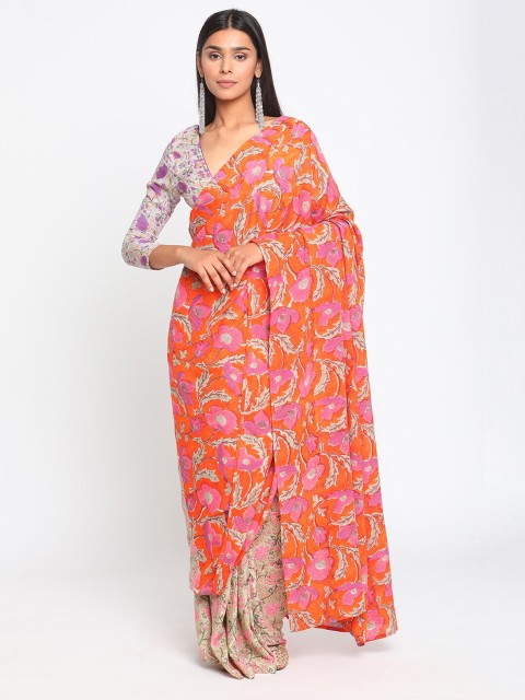 

trueBrowns Orange & Green Floral Printed Silk Blend Block Print Saree