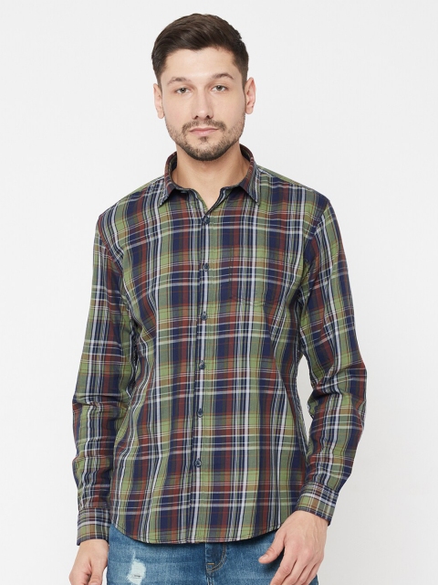

METTLE Men Olive Green Tartan Checks Opaque Checked Casual Shirt