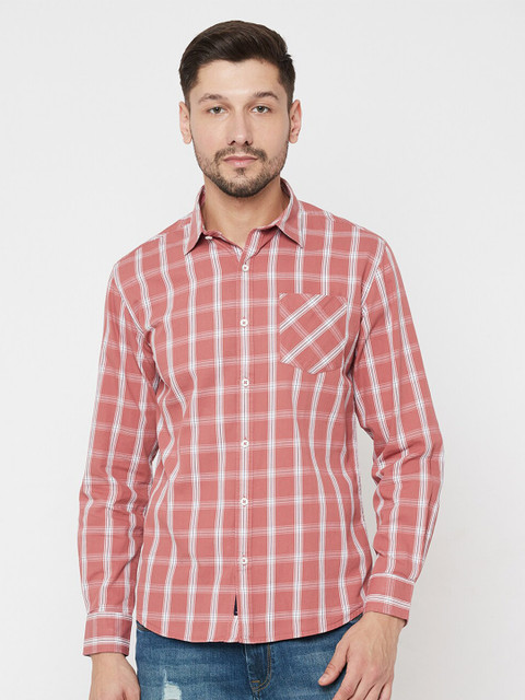 

METTLE Men Coral Opaque Checked Casual Shirt