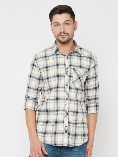 

METTLE Men Cream & Blue Tartan Checked Casual Shirt