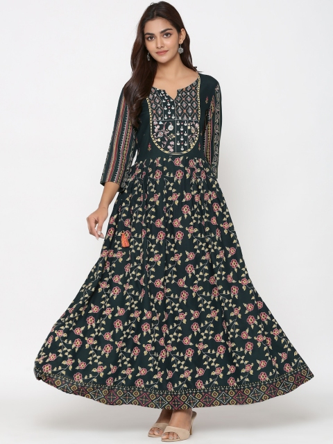 

UNISETS Women Green & Pink Floral Printed Anarkali Kurta