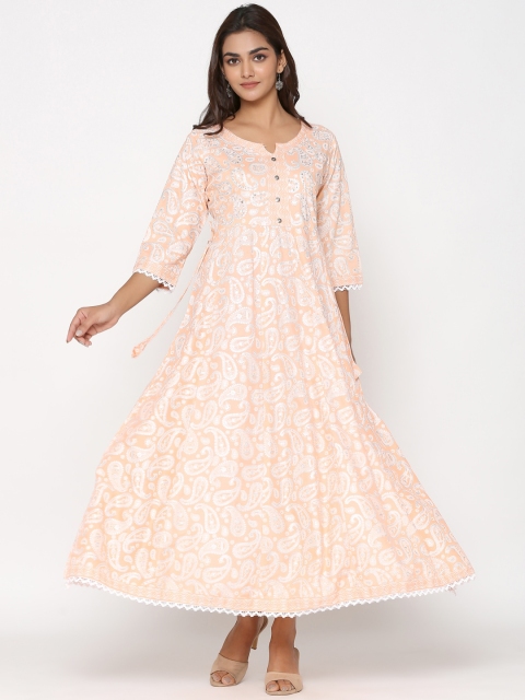 

UNISETS Peach-Coloured & White Floral Maxi Dress