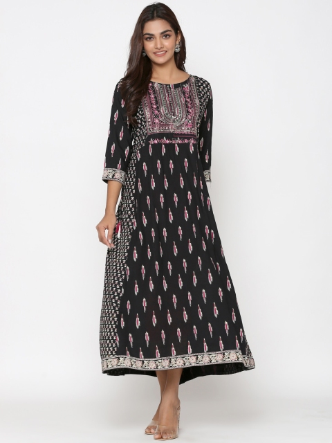 

UNISETS Women Black & Pink Ethnic Motifs Printed Keyhole Neck Anarkali Kurta