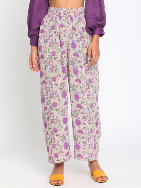 

trueBrowns Women Purple & Green Floral Printed High Waist Palazzos