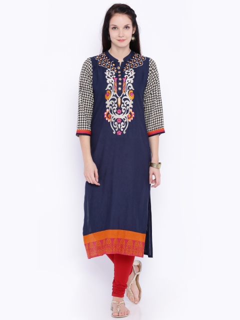 

Soch Outlet Women Navy & Beige Embroidered Kurta, Navy blue