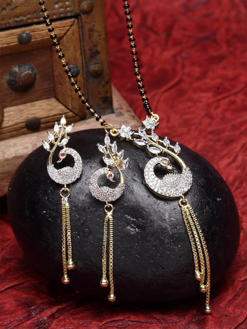 

ZENEME Gold-Plated White & Black Stone Studded & Beaded Mangalsutra Set