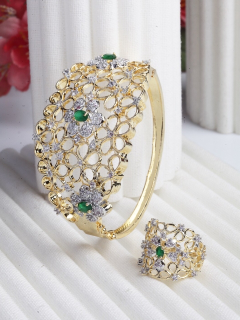 

ZENEME Women Gold-Plated Green & White American Diamond Bangle-Style Bracelet & Ring