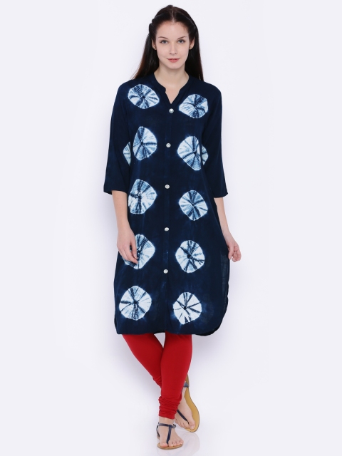 

Soch Outlet Women Navy & White Tie-Dyed A-Line Kurta, Navy blue