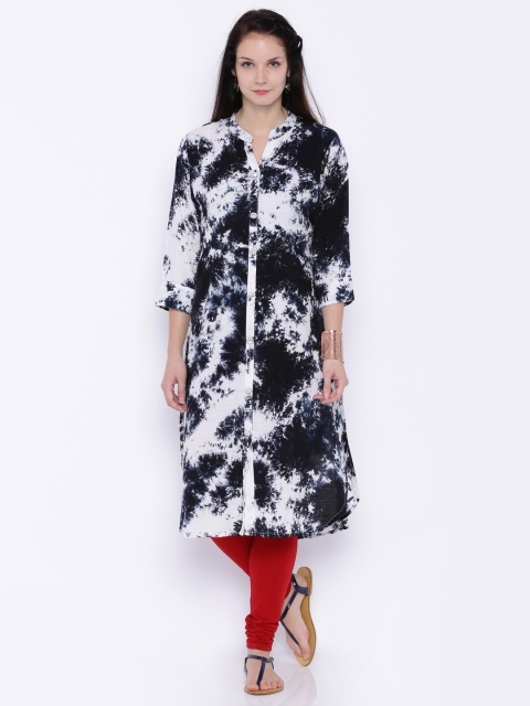 

Soch Outlet Women White & Navy Tie-Dyed A-Line Kurta