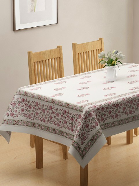 

Fabindia Beige & Pink Printed Cotton Table Cover, Off white