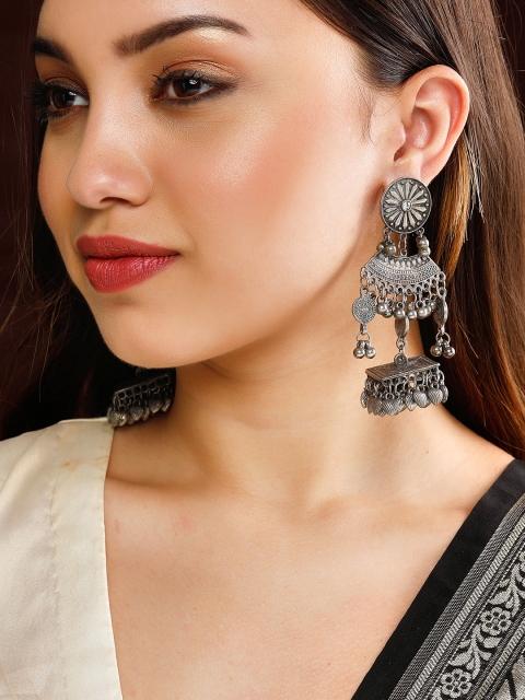 

Rubans Silver-Plated & Black Oxidised Dome Shaped Jhumkas