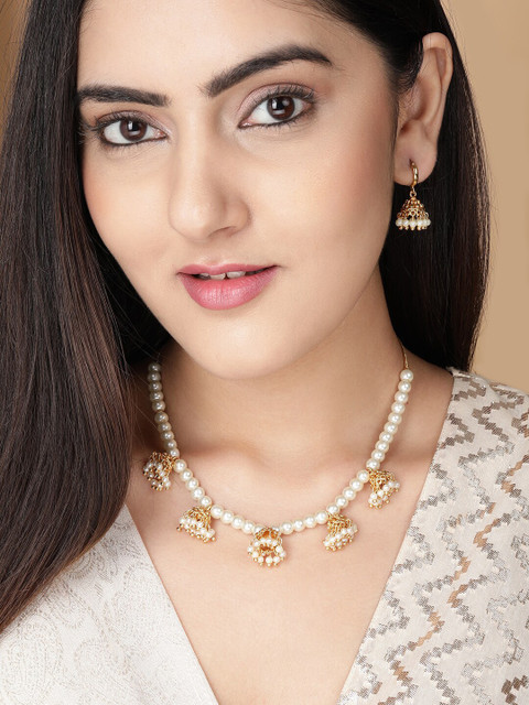 

Rubans Gold-Plated Pearl Jhumkas Jewellery Set