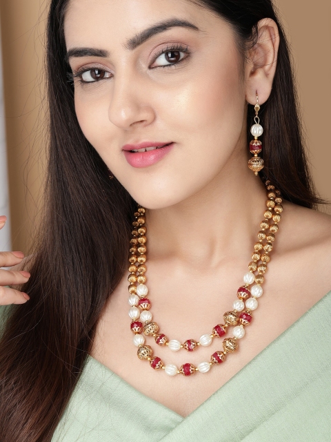 

Rubans Gold-Plated White & Red Beaded Jewellery set