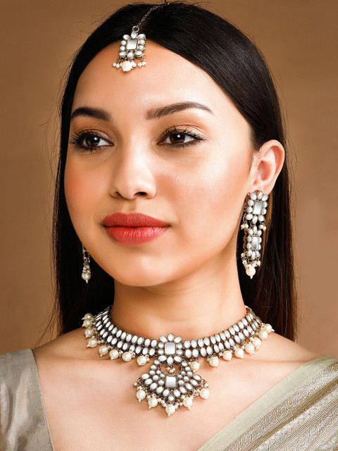 

Rubans Gold-Plated Off-White Pearl Beaded Mirror Jewellery Set