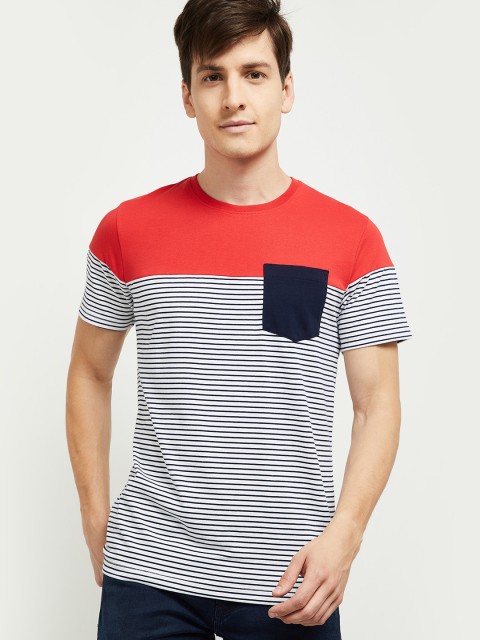 

max Men Red & White Striped Pockets T-shirt